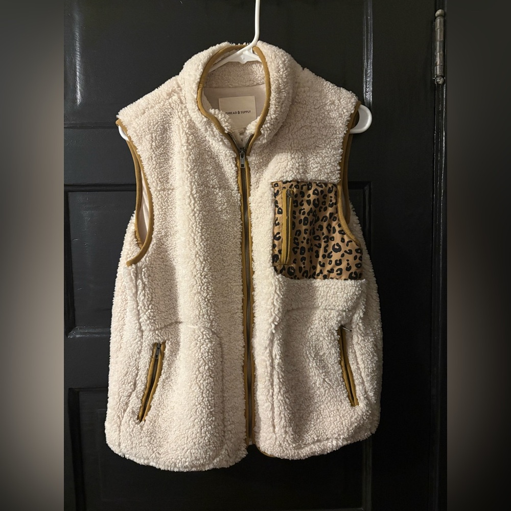 Thread & Supply Beige Sherpa Vest with Animal Print Pocket